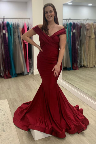 Off The Shoulder Mermaid Burgundy Long Prom Dress