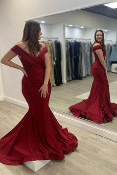 Off The Shoulder Mermaid Burgundy Long Prom Dress