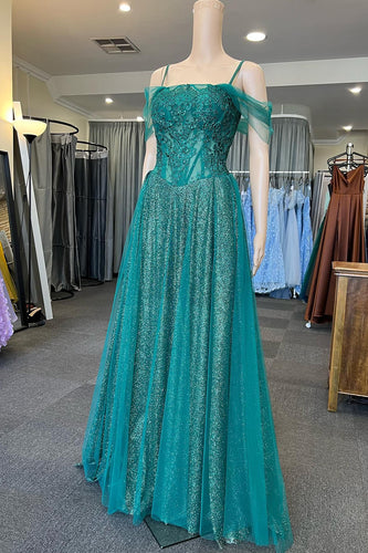 Sparkly Cold Shoulder Green Long Prom Dress with Appliques