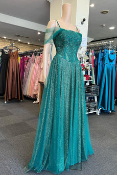 Sparkly Cold Shoulder Green Long Prom Dress with Appliques