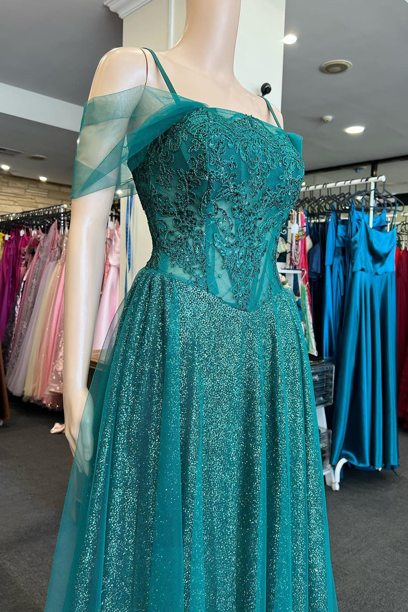 Load image into Gallery viewer, Sparkly Cold Shoulder Green Long Prom Dress with Appliques