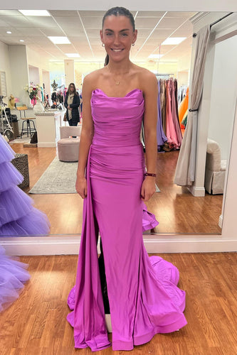 Strapless Satin Hot Pink Long Prom Dress with Slit