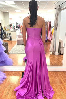 Strapless Satin Hot Pink Long Prom Dress with Slit