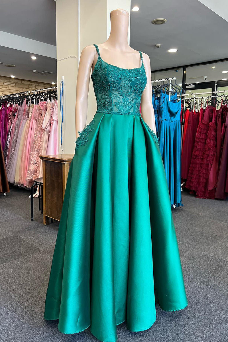 Load image into Gallery viewer, Spaghetti Straps Green Long Prom Dress with Appliques