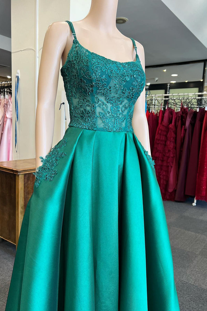 Load image into Gallery viewer, Spaghetti Straps Green Long Prom Dress with Appliques