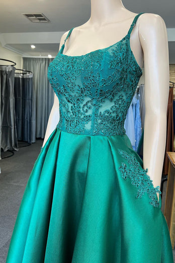 Spaghetti Straps Green Long Prom Dress with Appliques