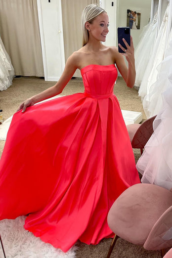 Strapless Satin Red Corset Prom Dress