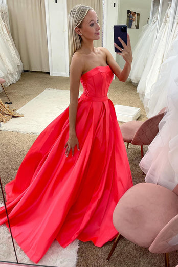 Strapless Satin Red Corset Prom Dress