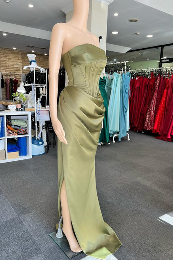 One Shoulder Dark Green Corset Prom Dress with Ruffles