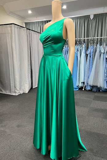 One Shoulder Green Long Prom Dress with Pockets