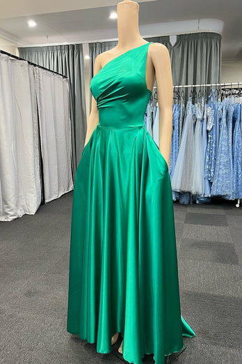 One Shoulder Green Long Prom Dress with Pockets