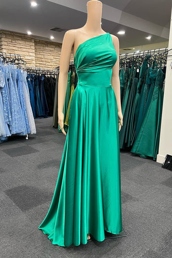 One Shoulder Green Long Prom Dress with Pockets