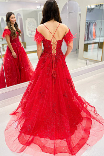 Cold Shoulder Red Long Prom Dress with Feathers