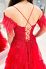 Load image into Gallery viewer, Cold Shoulder Red Long Prom Dress with Feathers