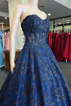 Sparkly Strapless Dark Blue Sequins Corset Prom Dress with Appliques