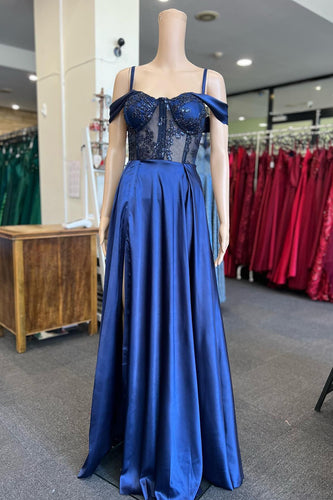 Cold Shoulder Royal Blue Corset Prom Dress with Slit