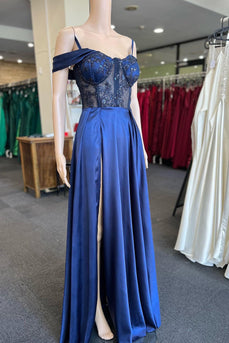 Cold Shoulder Royal Blue Corset Prom Dress with Slit