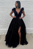 Load image into Gallery viewer, Glitter Deep V-Neck Black Long Prom Dress with Feathers