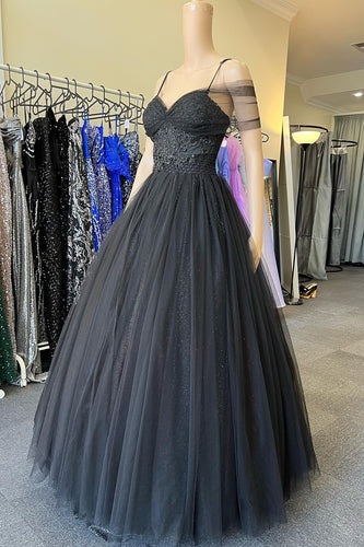 Cold Shoudler Glitter Black Long Prom Dress with Appliques