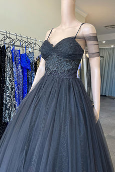 Cold Shoudler Glitter Black Long Prom Dress with Appliques