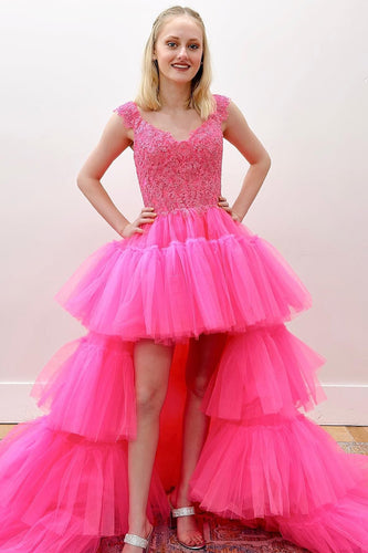 Tulle High Low Pink Long Prom Dress with Appliques