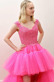 Tulle High Low Pink Long Prom Dress with Appliques