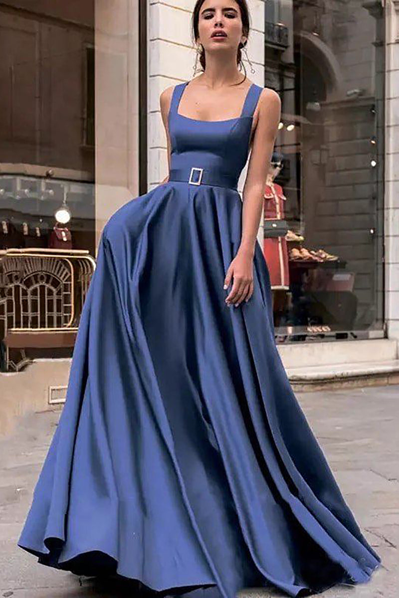 Load image into Gallery viewer, Satin Square Neck Navy Long Prom Dress