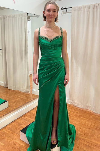 Mermaid Spaghetti Straps Green Long Prom Dress with Slit