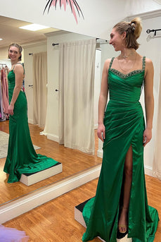 Mermaid Spaghetti Straps Green Long Prom Dress with Slit