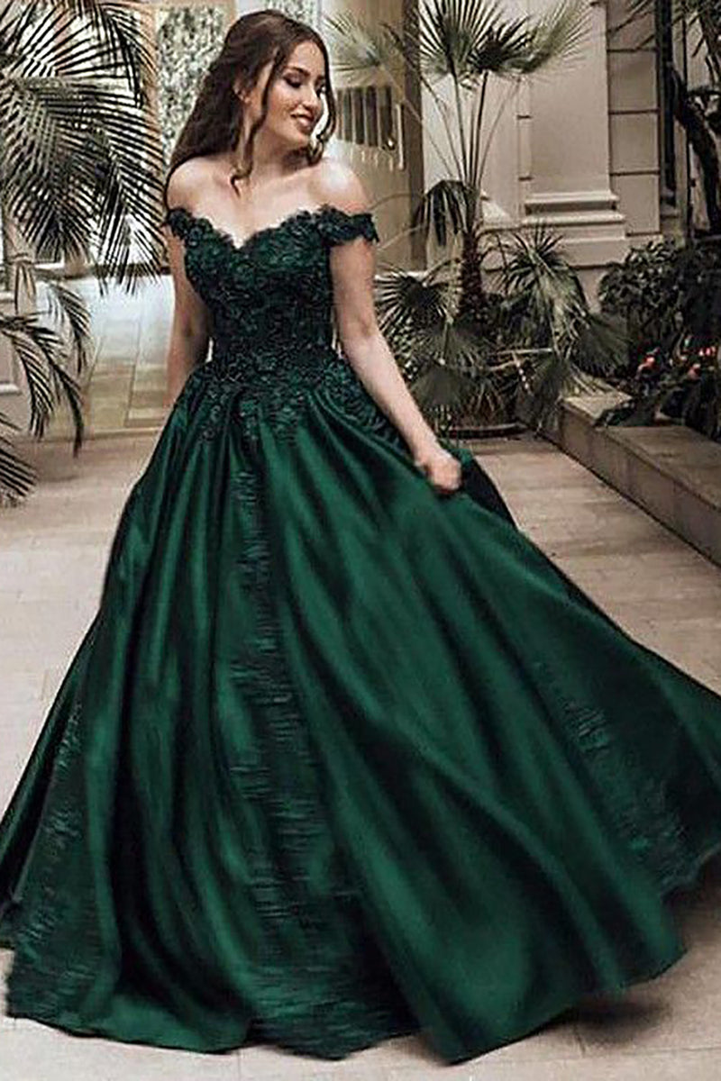 Load image into Gallery viewer, A-Line Off the Shoulder Dark Green Satin Long Prom Dress with Appliques