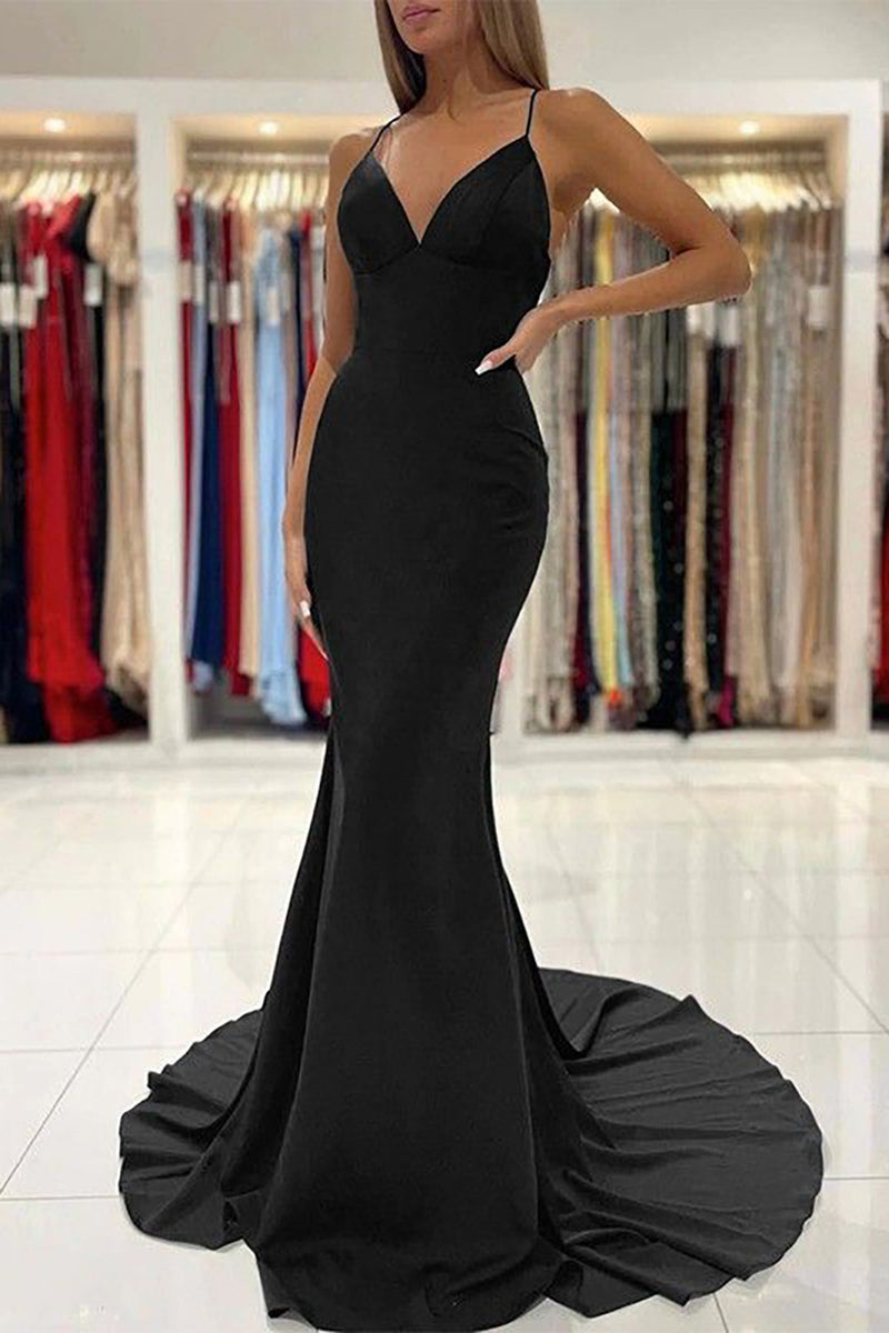 Load image into Gallery viewer, Mermaid Spaghetti Straps Black Long Prom Dress