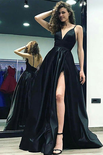 Queendancer Women Black Satin Long Prom Dress with Slit A Line Spaghetti Straps Sleeveless Formal Dress queendanceruk