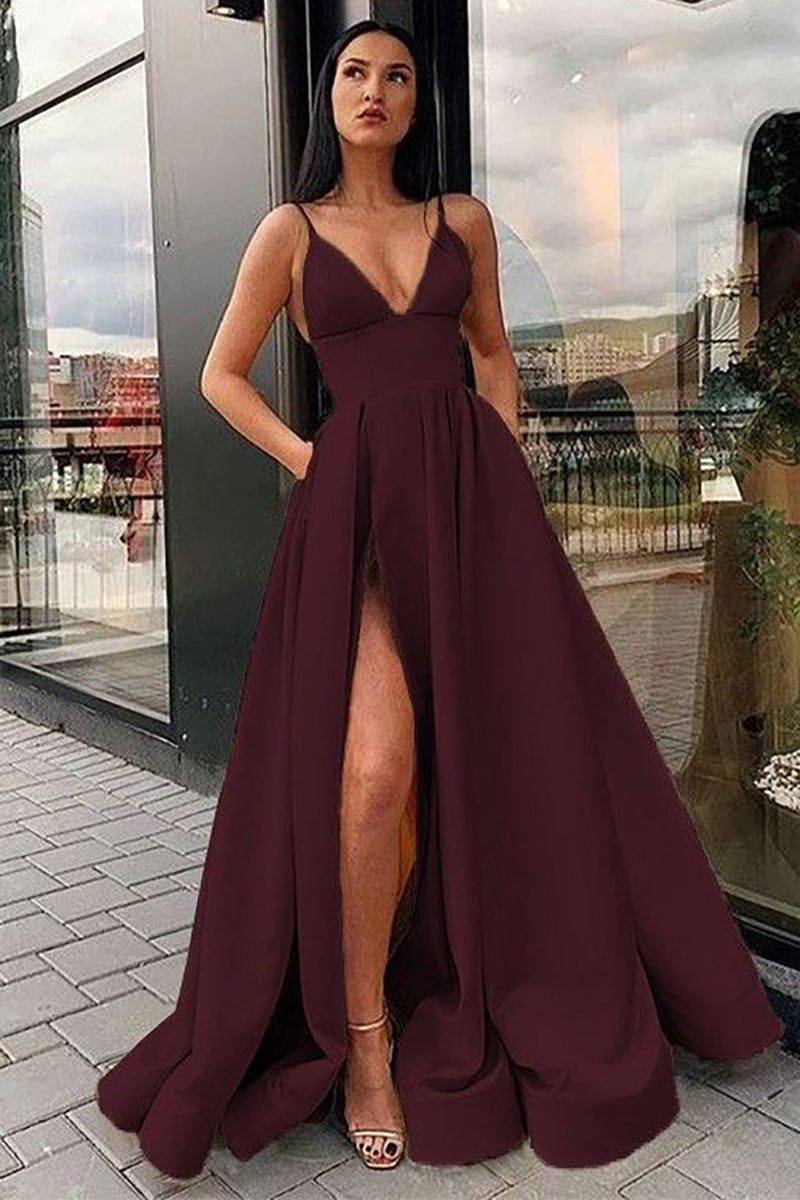 Load image into Gallery viewer, A-Line Spaghetti Straps Burgundy Long Prom Dress with Slit