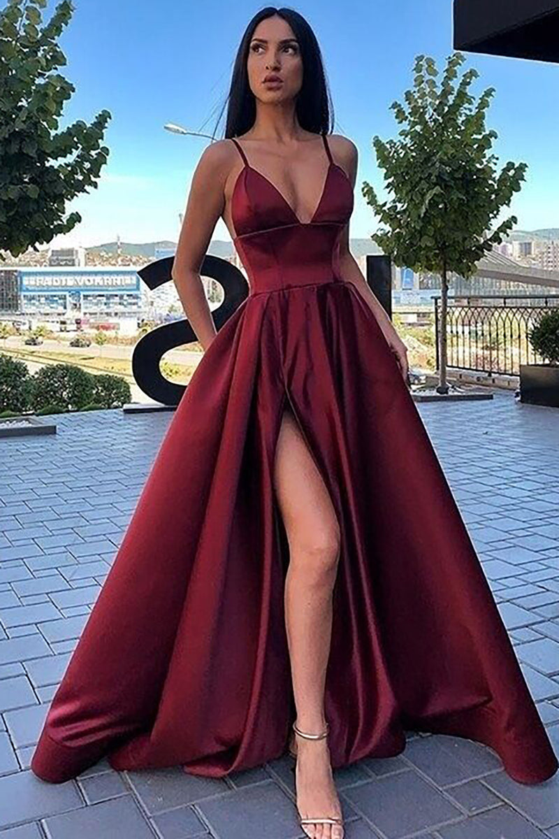 Load image into Gallery viewer, A-Line Spaghetti Straps Burgundy Long Prom Dress with Slit