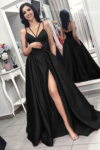 A-Line Black Satin Long Prom Dress with Slit