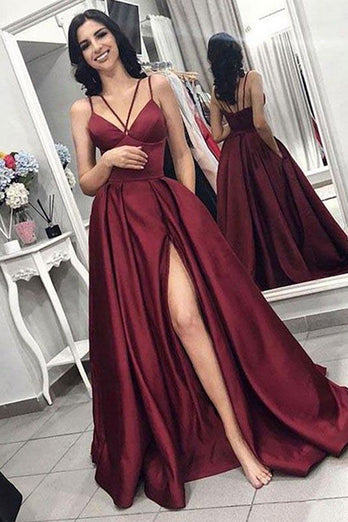 Queendancer Women Black Satin Long Prom Dress with Slit A Line Spaghetti Straps Sleeveless Formal Dress queendanceruk