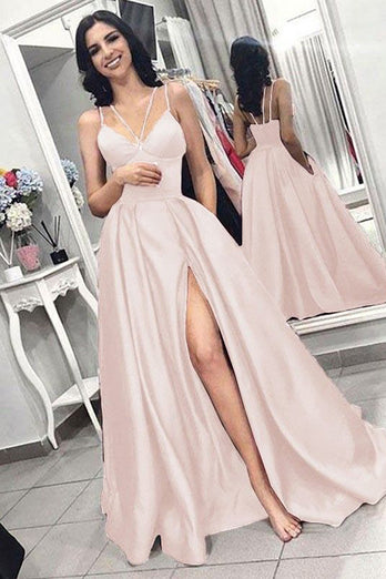 A-Line Black Satin Long Prom Dress with Slit