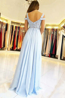 Cold Shoulder Light Blue Tulle Long Prom Dress with Appliques