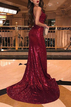 Sparkly Mermaid Burgundy Long Prom Dress with Slit
