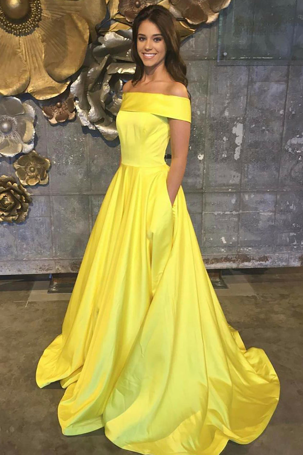 A-Line Satin Yellow Off The Shoulder Long Prom Dress