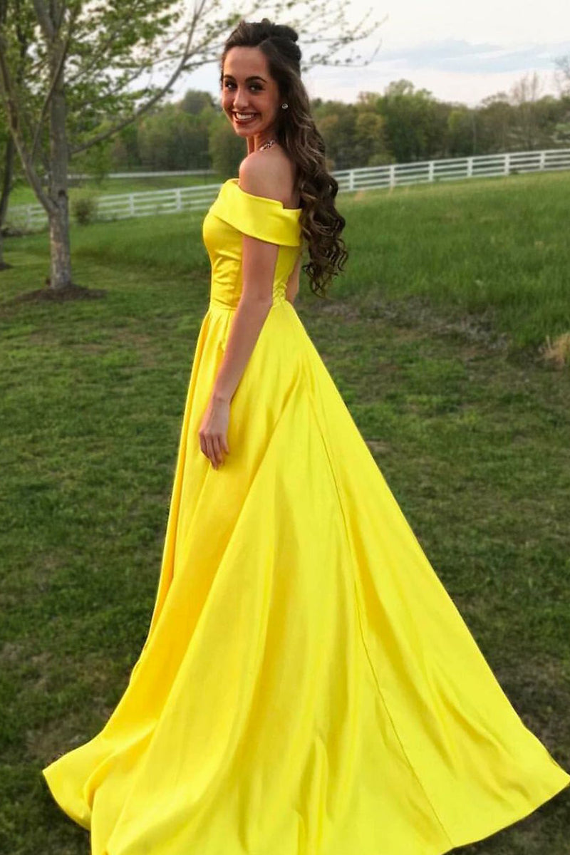 Load image into Gallery viewer, A-Line Satin Yellow Off The Shoulder Long Prom Dress