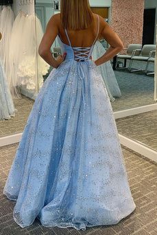 Sparkly Spaghetti Straps Light Blue Tulle Long Prom Dress