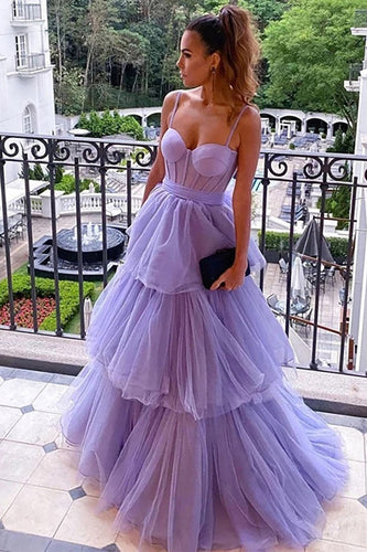 Tiered Spaghetti Straps Purple Corset Long Prom Dress