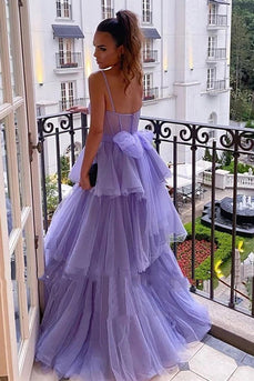 Tiered Spaghetti Straps Purple Corset Long Prom Dress