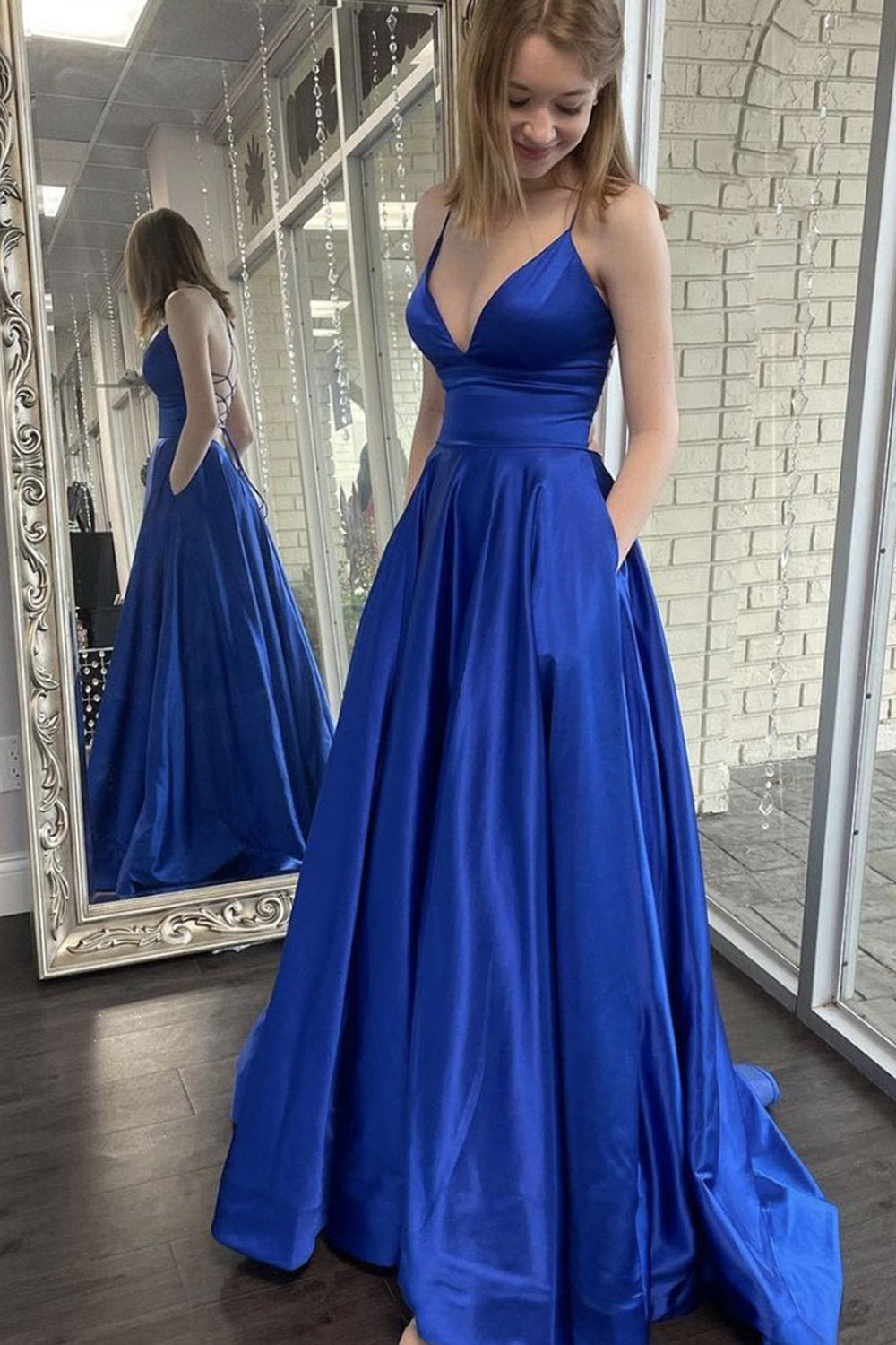 A-Line Spaghetti Straps Satin Royal Blue Long Prom Dress