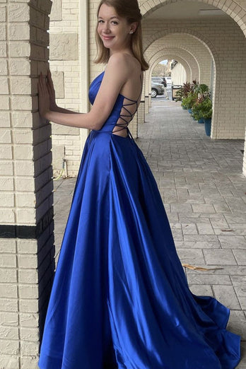 A-Line Spaghetti Straps Satin Royal Blue Long Prom Dress