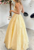 Load image into Gallery viewer, Spaghetti Straps Light Yellow Long Corset Prom Dress with Appliques