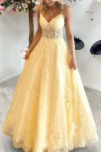 Spaghetti Straps Light Yellow Long Corset Prom Dress with Appliques