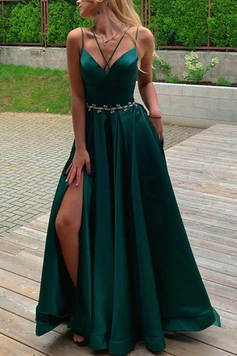 A-Line Spaghetti Straps Satin Dark Green Long Prom Dress with Slit