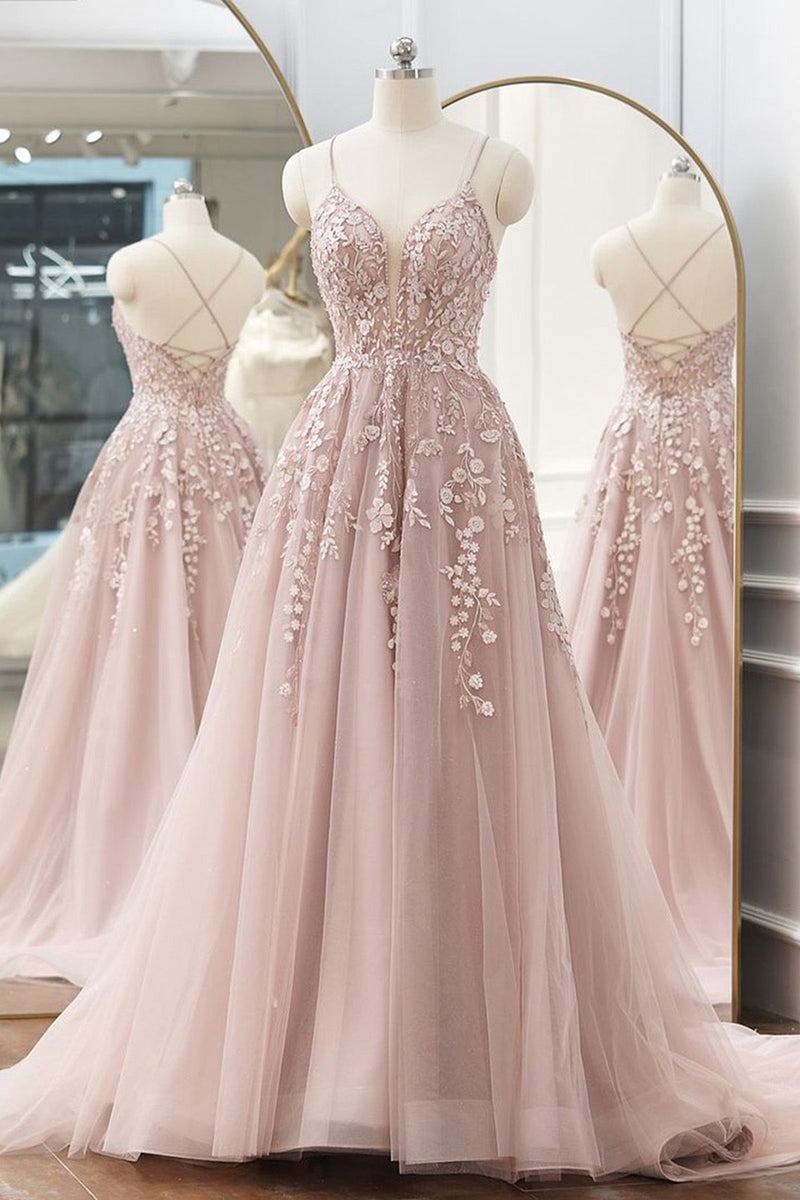 Load image into Gallery viewer, A-Line Spaghetti Straps Light Pink Tulle Long Prom Dress with Appliques